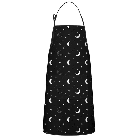 Black White Moon Star Pattern Apron-Garden Aprons for Women with Pockets-Cotton Linen Waterproof Kitchen Cooking Gardening Aprons Adjustable for Kitchen,Cooking,BBQ and Salon 33x27 Inch