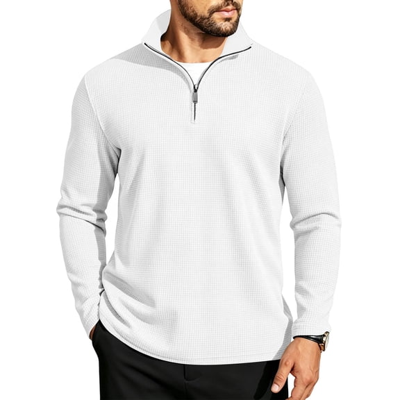 Men's Waffle Knit Polo Shirts Quarter Zip Up Long Sleeve Pullover Shirt Lightweight Casual Tee Lapel Top