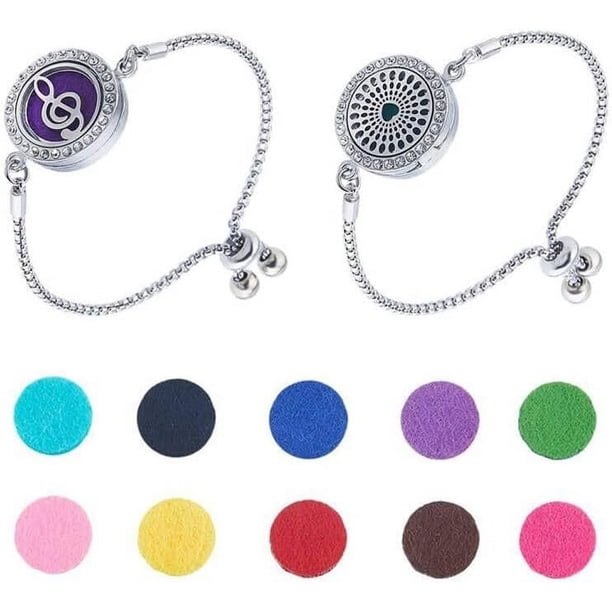 2 juegos de pulseras difusoras de aceites esenciales de aromaterapia, pulseras deslizantes de acero inoxidable 316, medallón de aromaterapia, pulsera ajustable con 20 almohadillas de repuesto.