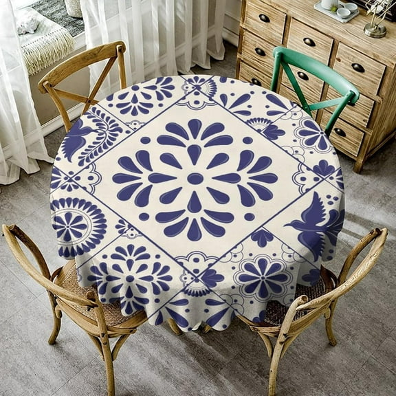 Traditional Mexican Tablecloth, Talavera Style Beige Mexican Floral Bird Print Round Table Cover for Decoration Holiday Parties Kitchen Dining Picnic, Round(60x60in)