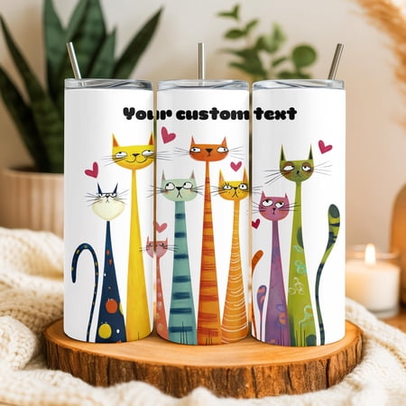 [NO STRAW] Funny Cat Tumbler with Name, Personalized Whimsical Cat Gift, Custom 20oz Skinny Tumbler, Long Neck Cat Travel Cup