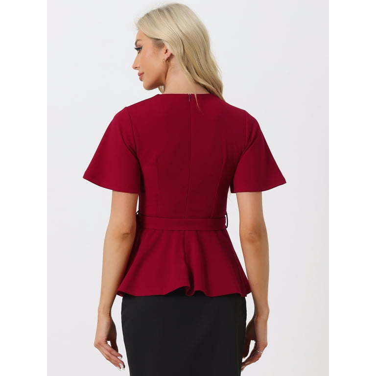 Unique Bargains Women's Peplum Round Neck Bell Sleeve Belted Unique Bargains Women's Peplum Round Neck Bell Sleeve Belted