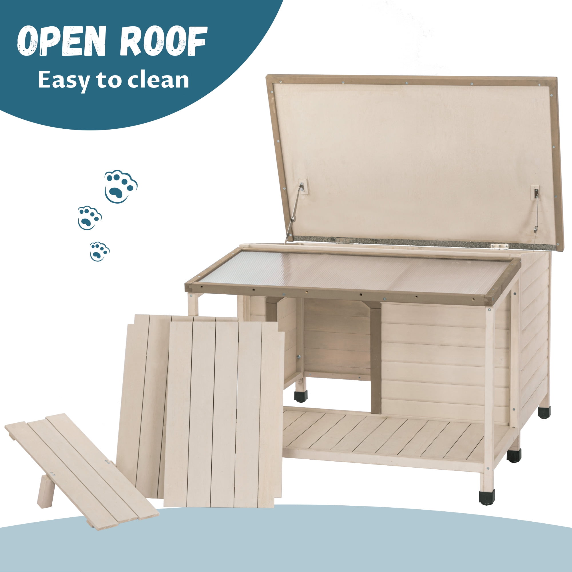 Pefilos 48" Indoor and Outdoor Dog House with Porch, Weatherproof Pet Houses with Water-Resistant Asphalt Roof and Fencing, Elevated Floor Cat House with Paw Print, Beige Pefilos 48" Indoor and Outdoor Dog House with Porch, Weatherproof Pet Houses with Water-Resistant Asphalt Roof and Fencing, Elevated Floor Cat House with Paw Print, Beige