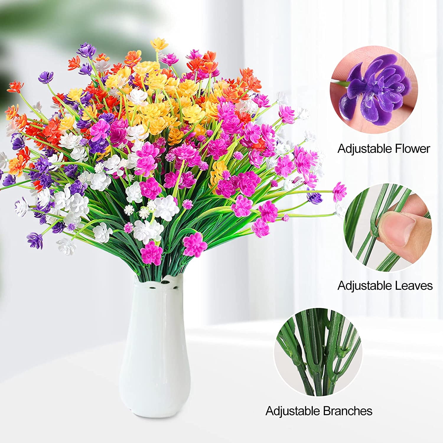 Morttic Artificial Flowers for Outdoors Plastic UV Resistant Faux Flowers Decoration Greenery Garden Shrubs，Bulk Fake Flowers in Vase (Mix Color 10pcs)