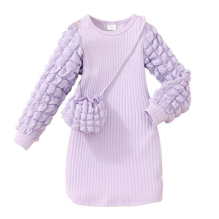 GigrtiJin Little Girls Ruffle Lantern Long Sleeve Knit Elastic Bodycorn Mini Dress Fall Holiday Party Dress with Bag