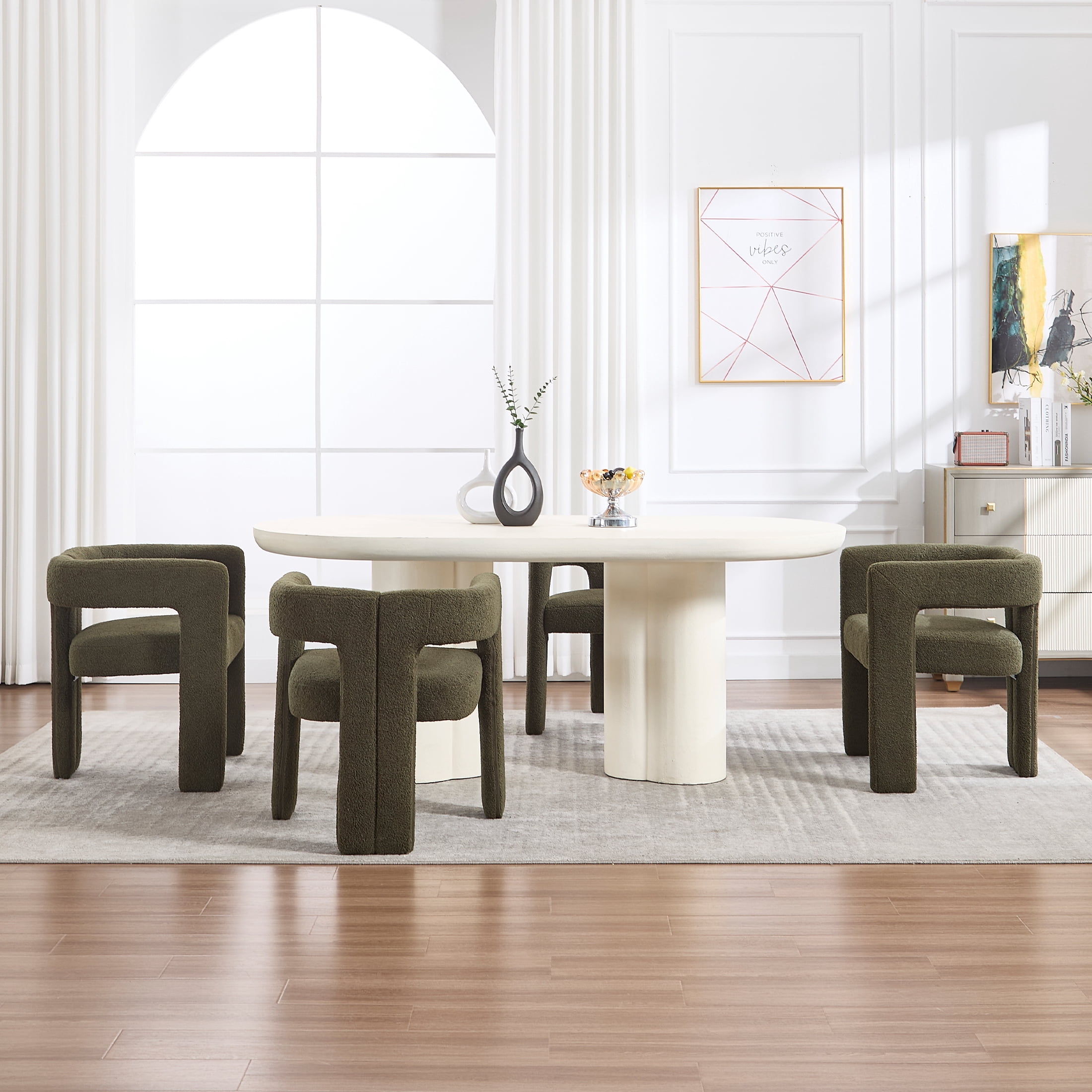Guyou Modern Boucle Dining Chair Set of 6, Sherpa Upholstered Barrel Chair, Comfy Armchair with Open Backrest, Vanity Side Chair Accent Chair for Living Room Bedroom Dining Room, Green