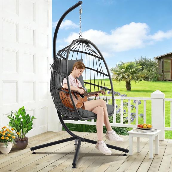 Magic Union Patio Wicker Hanging Chair with Stand and Cushion, Outdoor Indoor Hanging Egg Chair, Dark Gray