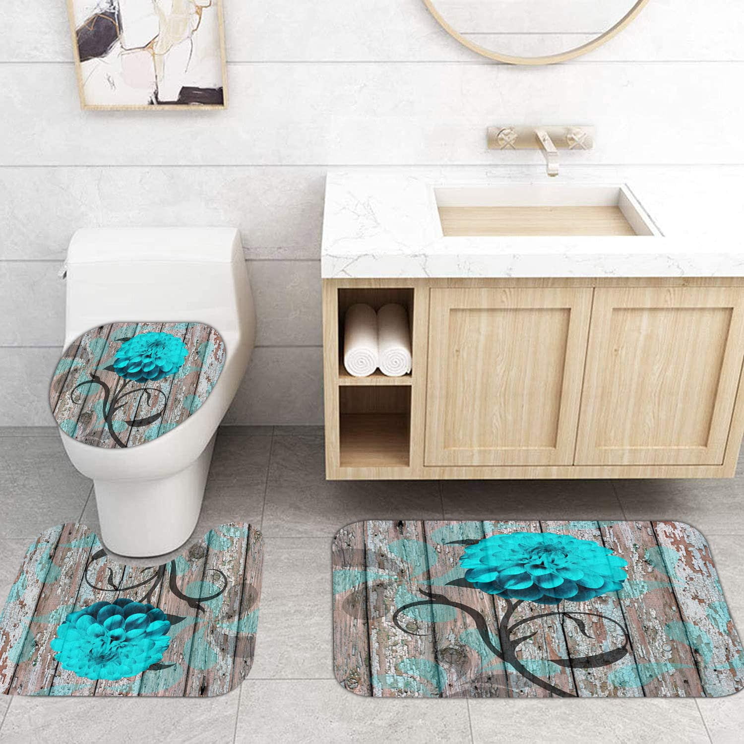 4 Pcs Bathroom Shower Curtain Set Blue Rose Shower Curtain Bathroom Sets Valentine's Day Shower Curtain Sets with Rugs(Bath Mat,U Shape and Toilet Lid Cover Mat) and 12 Hooks