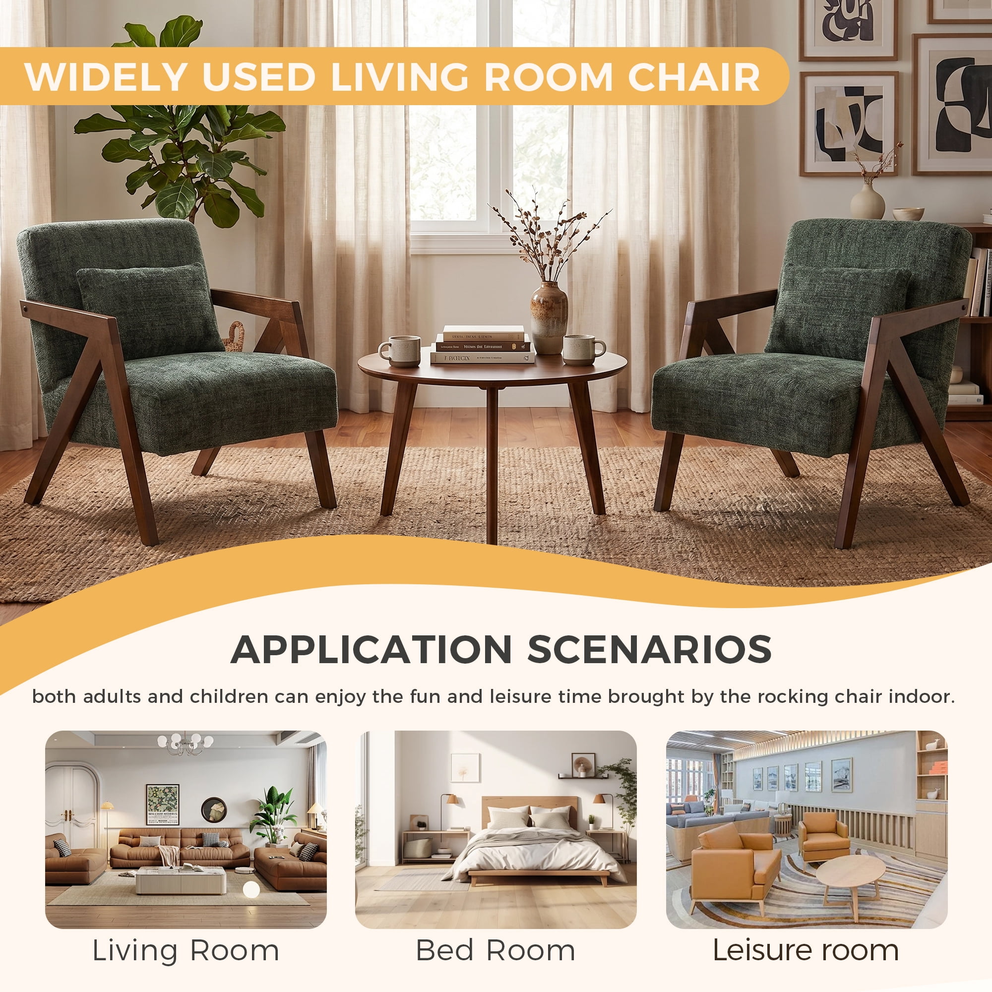 Mid-Century Modern Accent Chair with Solid Wood Frame,Upholstered Chenille Living Room Arm Chairs with Pillow for Bedroom, Living Room, Balcony, Reading Room