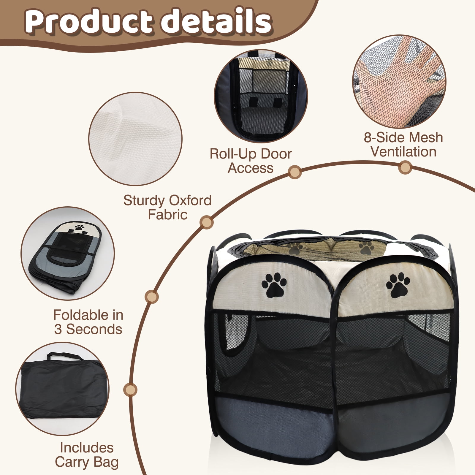 SPOKKI Pet Playpen Tent for Dogs & Cats, Portable Foldable Kennel with Carry Bag, 10 Pee Pads, Collapsible Bowl & ID Collars – Silver Gray, 29" x 18.5" (Indoor/Outdoor Use)