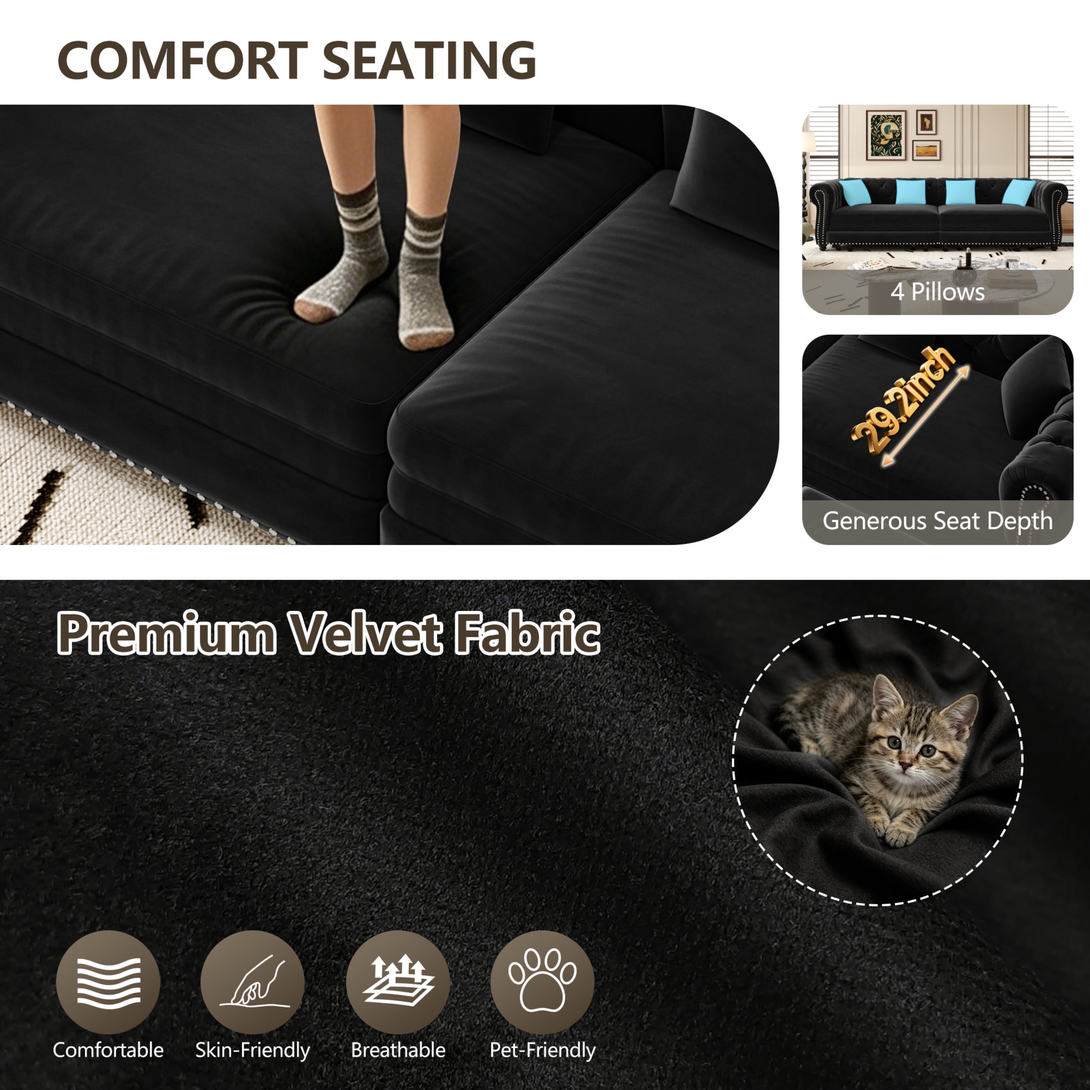 Noble House Ulwick Velvet Chesterfield Pull-Out Sofa Bed, 3-in-1 Convertible Sleeper Couch with Movable Ottoman, Black