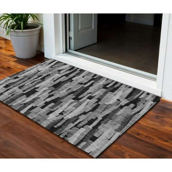 HomeRoots 603221 3 x 5 ft. Gray & Black Striped Washable Indoor & Outdoor Rectangle Area Rug