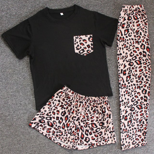 Conjunto de pijama ANGGREK con estampado de leopardo de cuello redondo de fibra de Poliéster Elástico para Mujer