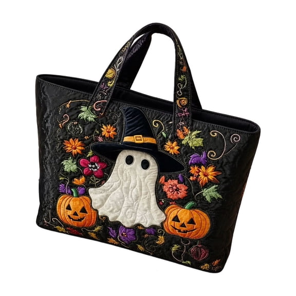 Halloween Quilted Tote Bag, Ghost Witch Hat Pumpkin Floral Print Shoulder Bag, Large Capacity Reusable Handbag for Shopping, School, Travel and Halloween Parties