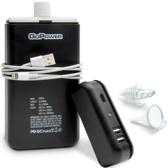 Flask GoPong Power Bank, 240 ml, alcohol oculto, con embudo y boquilla
