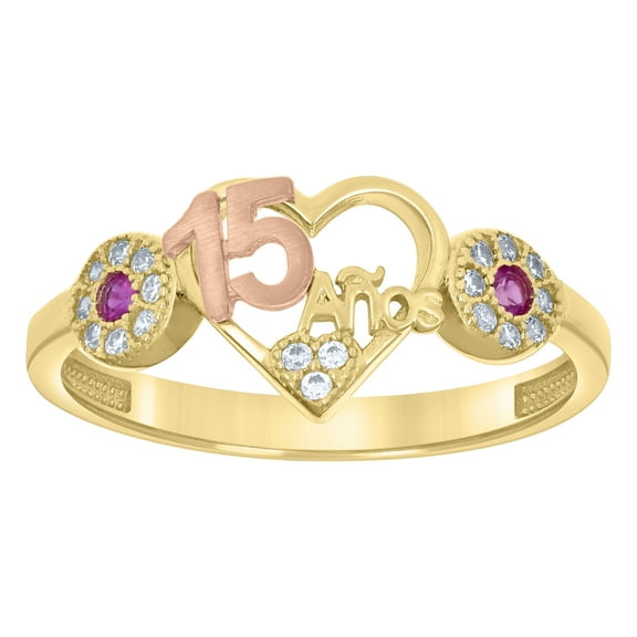 14k Two-tone Gold Womens Pink White Cubic-Zirconia Heart Anos 15 Quinceanera Ring