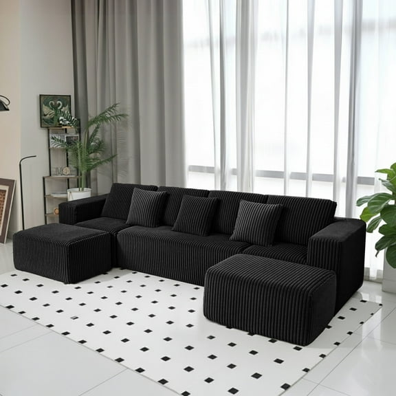 SOULART 132" Cloud Couch, Black U-Shaped Sectional Sofa for Living Room, Modular sofa with Reversible Chaise, Ultra Soft Striped Corduroy