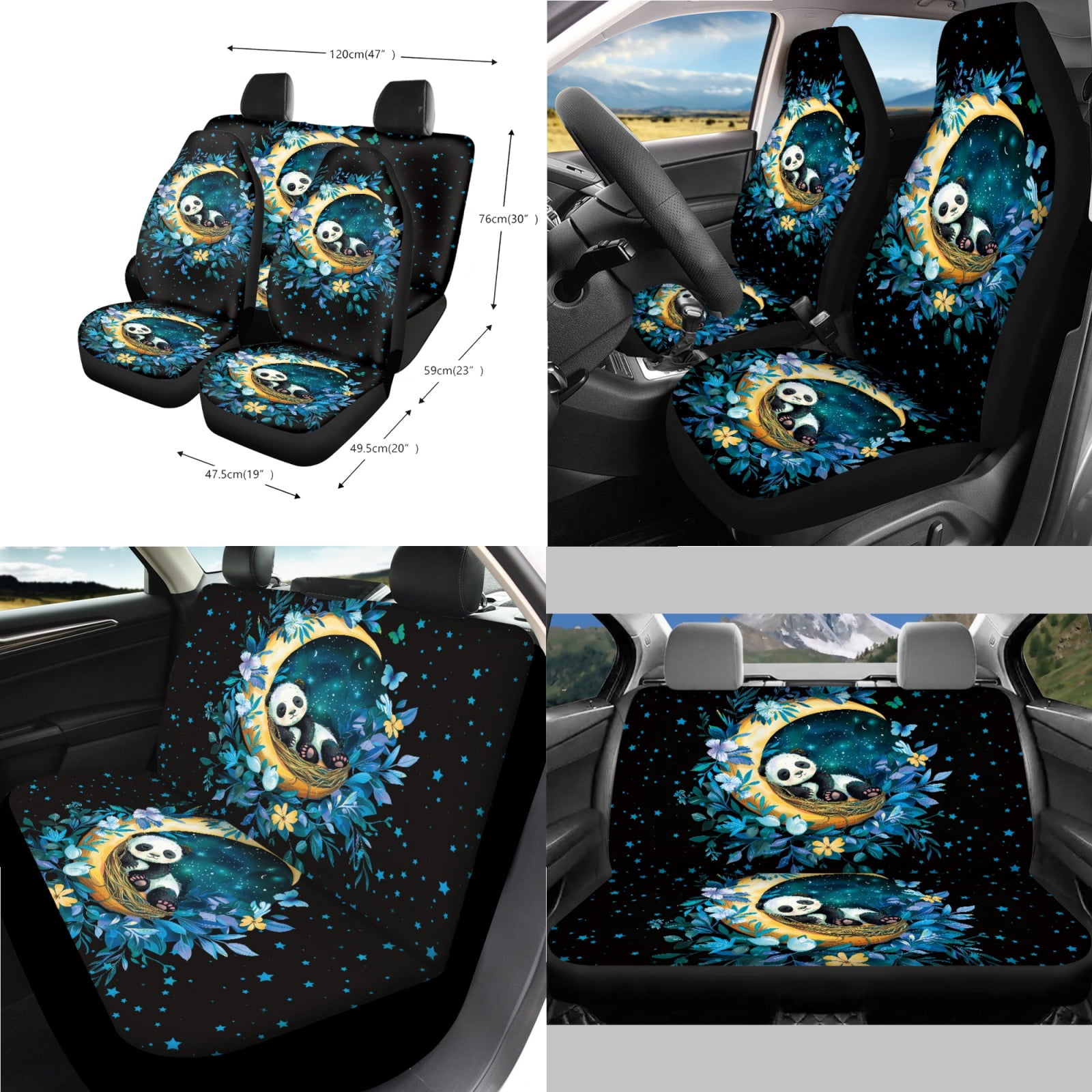 Jeiento Cute Panda Auto Accessories Set Car Seat Covers Steering Wheel Cover Seatbelt Pad Trash Can Moon Rear View Mirror Protector Handbrake Cover Set Car Armrest Cover Coasters for SUV Sedan Van