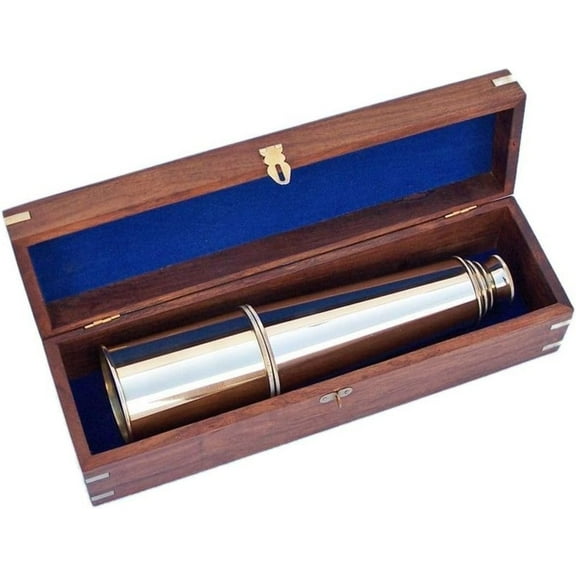 Brass Silver Polish Telescope in Wooden Box Leather Grip Engraved Spyglass Pirate Classic Decor Monocular Nautical