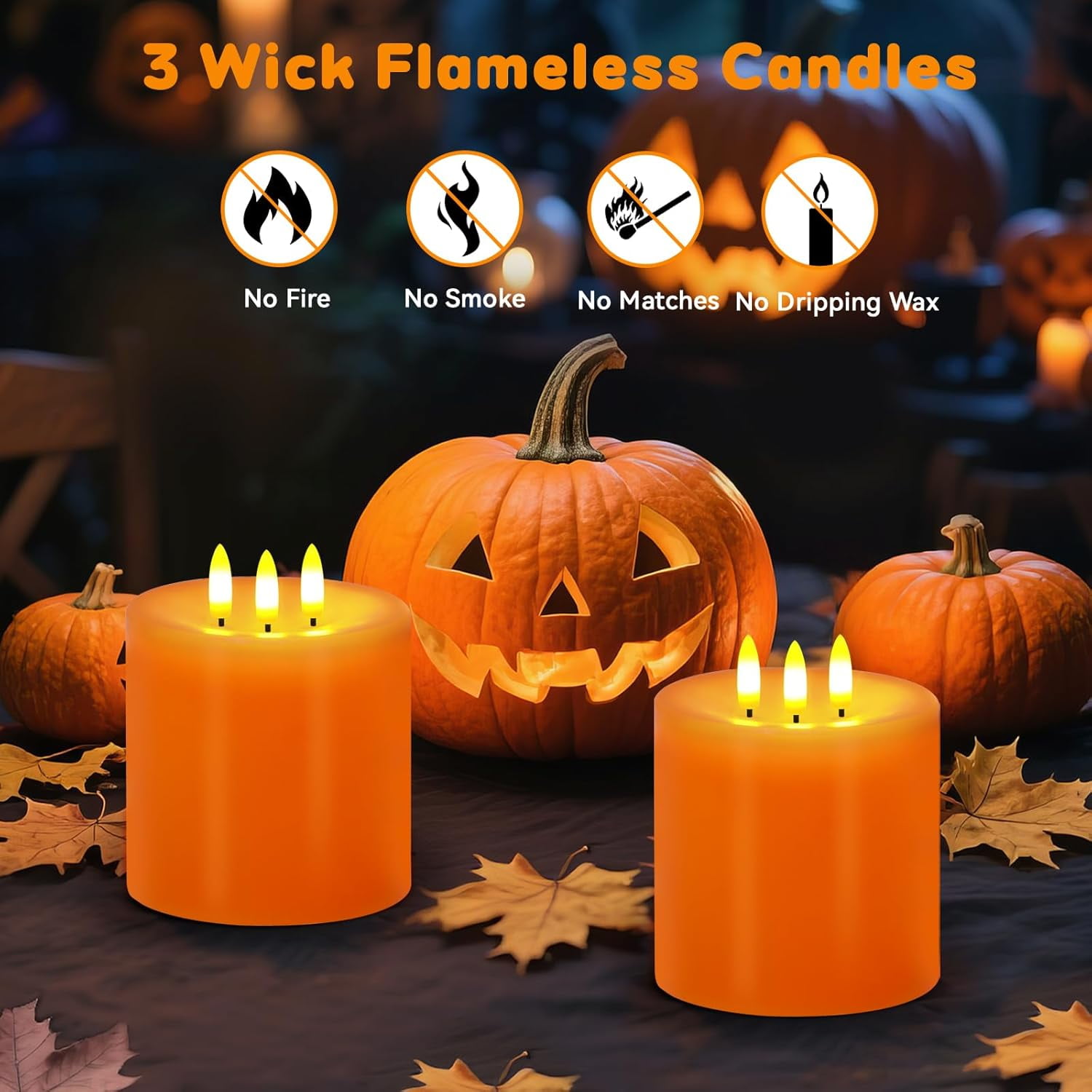 3 Wick Flameless Candles Set of 2, 4"x4" Flickering Large LED Candles with Remote & Timer, Dimmable Real Wax Pillar Candles Battery Operated, Orange Candles for Fall Thanksgiving Halloween Decor