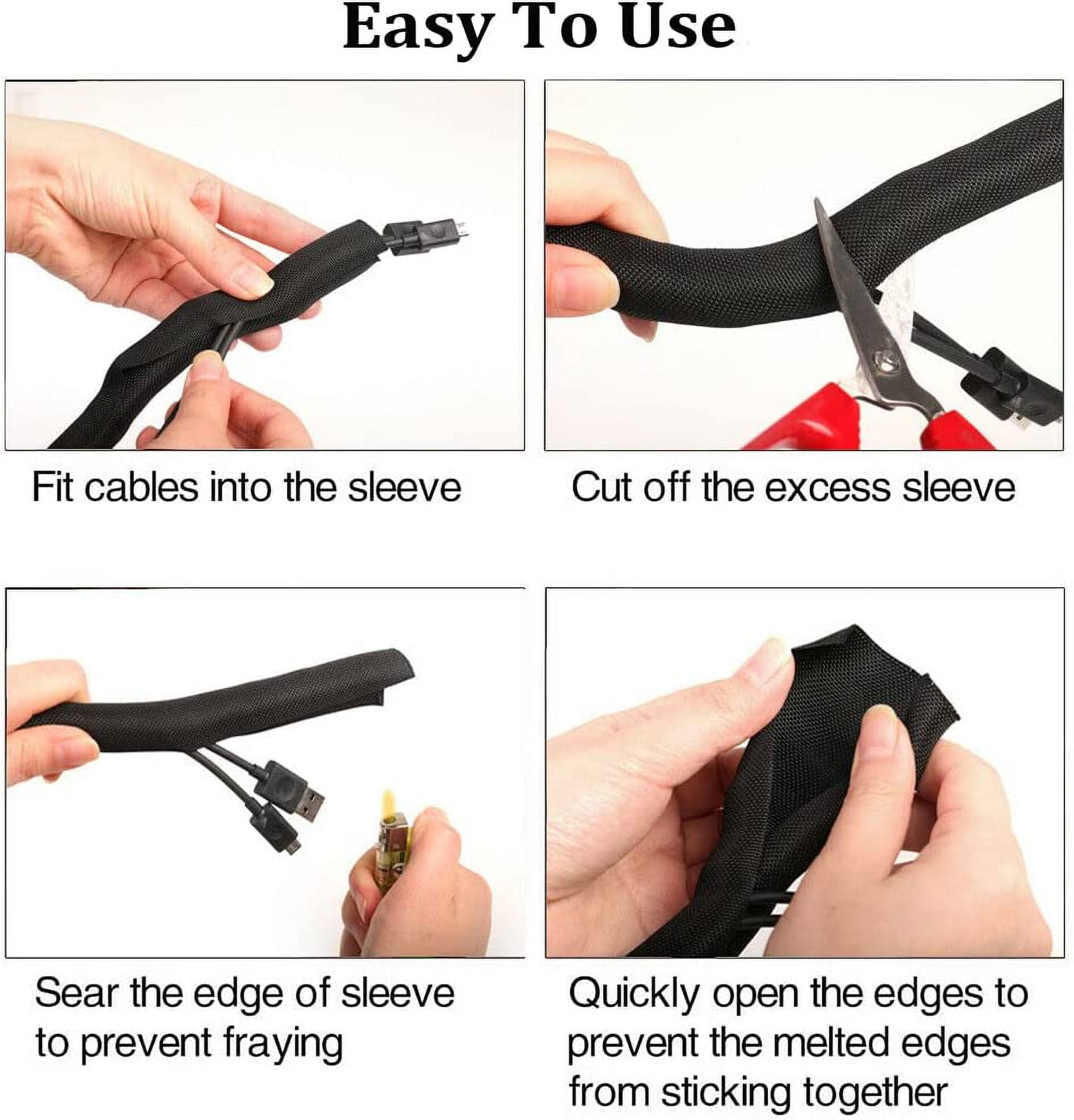 Black Braided Cable Management Sleeves Wire Loom Tubing Cord Protector Self-Wrapping