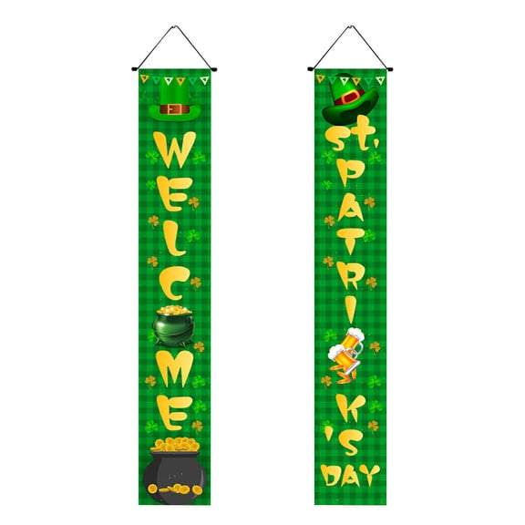 Hvmvliv St. Patrick's Day Porch Banner Sign, Welcome Home Door Hanging with Leprechaun & Shamrock, Polyester Fabric Flag for Irish Party Decor Green