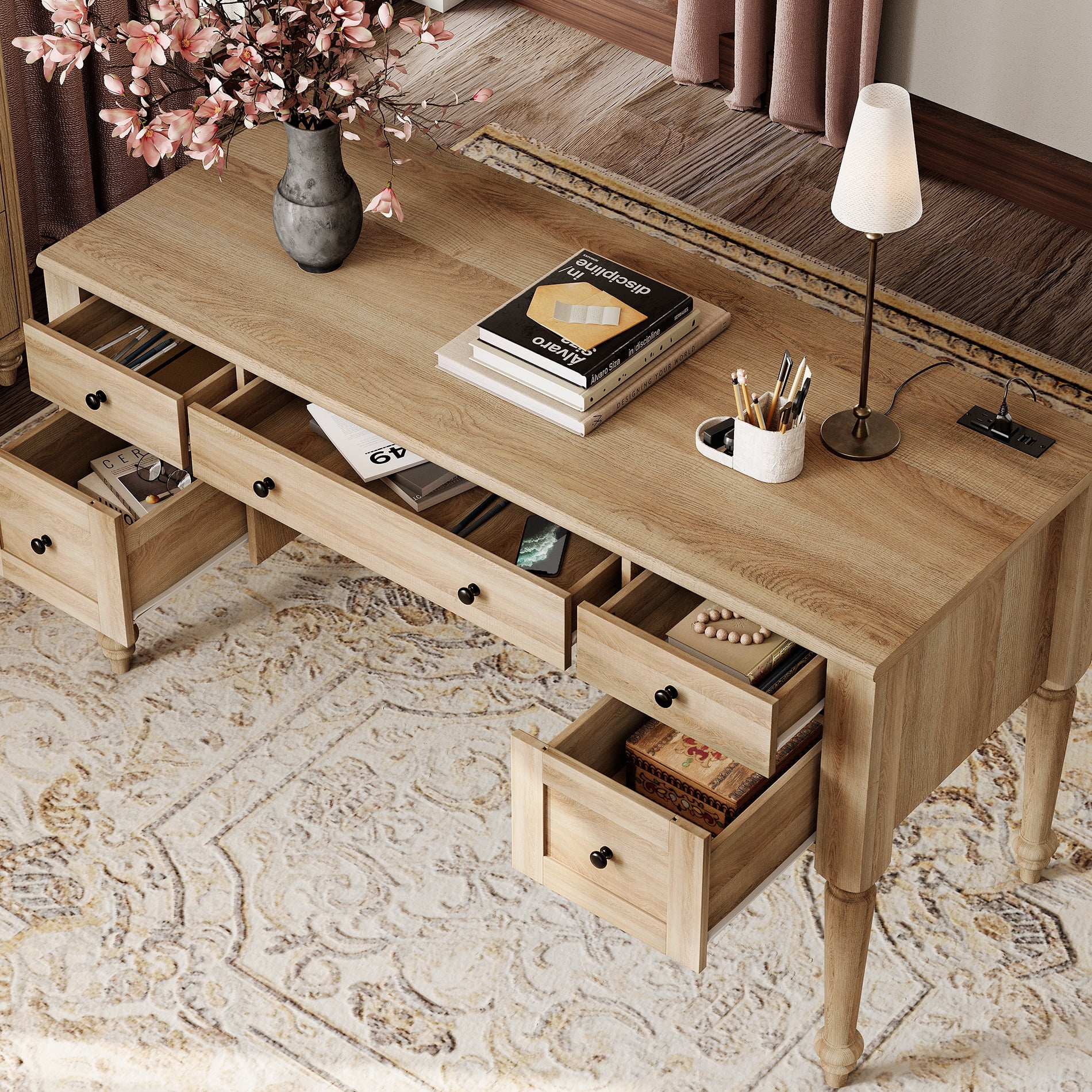 Farmhouse Executive Desk with Drawers, Charging Function, File Drawer, for Home Office, Work, Study Room, Oak