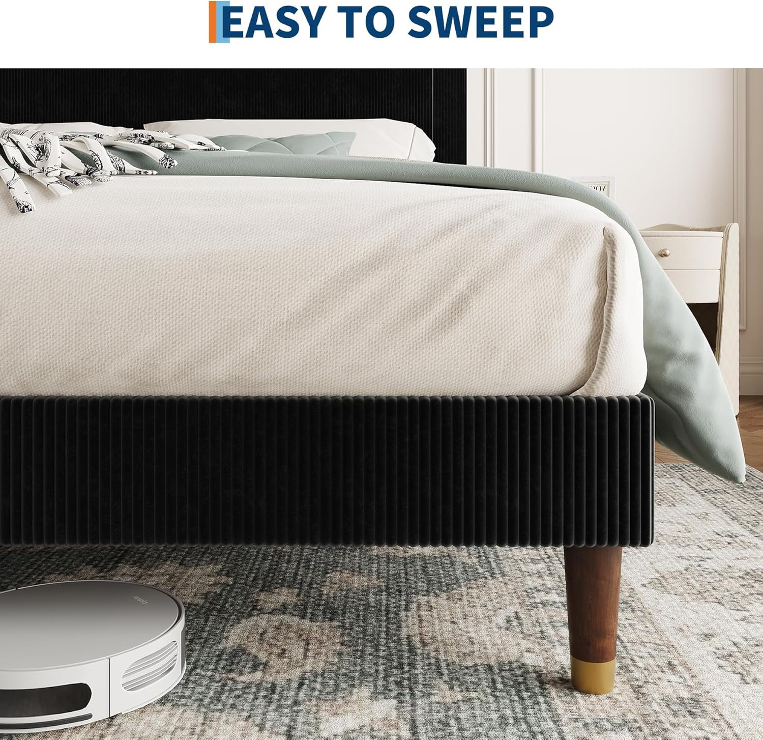 King Size Bed Frame with Upholstered Headboard and Strong Wooden Slats Support, Soft Corduroy Fabric Platform Bed, No Boxing Spring Needed, Easy Assembly, Black