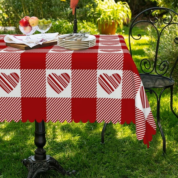 Mizhona Valentine Rectangle Tablecloth Hearts Buffalo Plaid Table Cloth Dining Waterproof Kitchen Decor 60"x84"