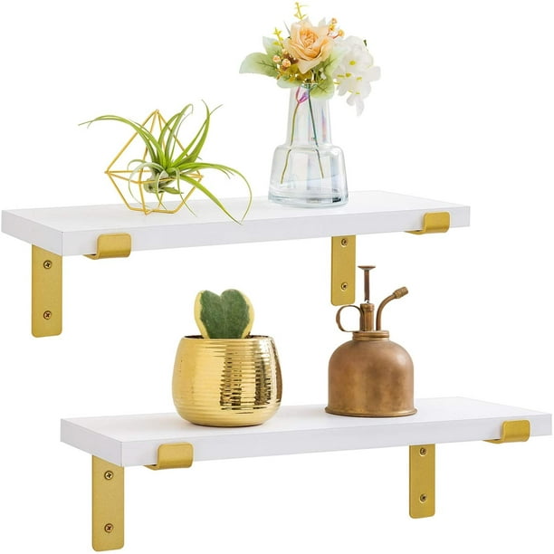 Floating Shelves White Wood Set Of 2, White Wall Shelves With Gold Brackets