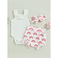 thumbnail image 3 of Infant Baby Girls Clothes Suits Solid Color Ribbed Sleeveless Frills Sling Romper Rainbow Print Shorts Headband 3Pcs Set, 3 of 10