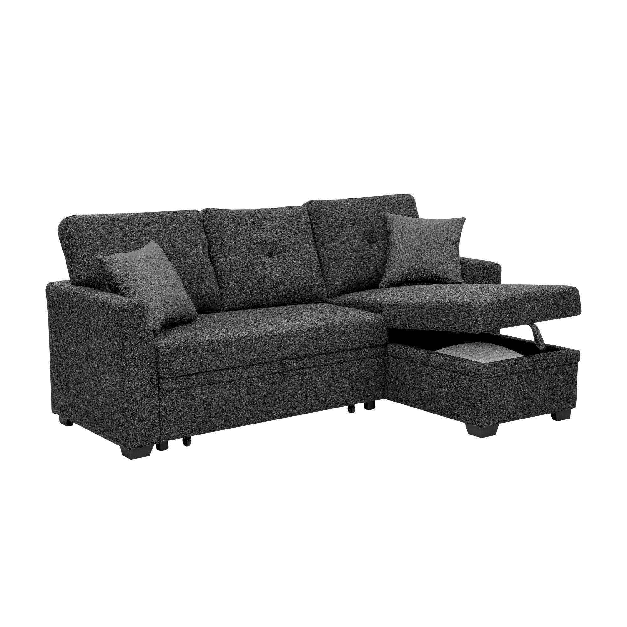 DEALTOPS L-Shaped Sectional Sofa Bed with Reversible Storage Chaise, Pull-Out Sleeper Couch for Living Room, Black