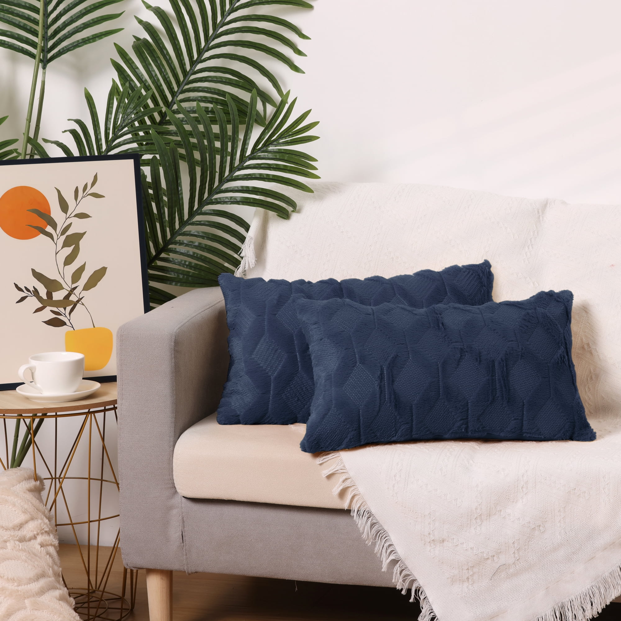 Unique Bargains Short Plush Solid Pillow Covers 4 Pcs Dark Blue/White 12" x 20"