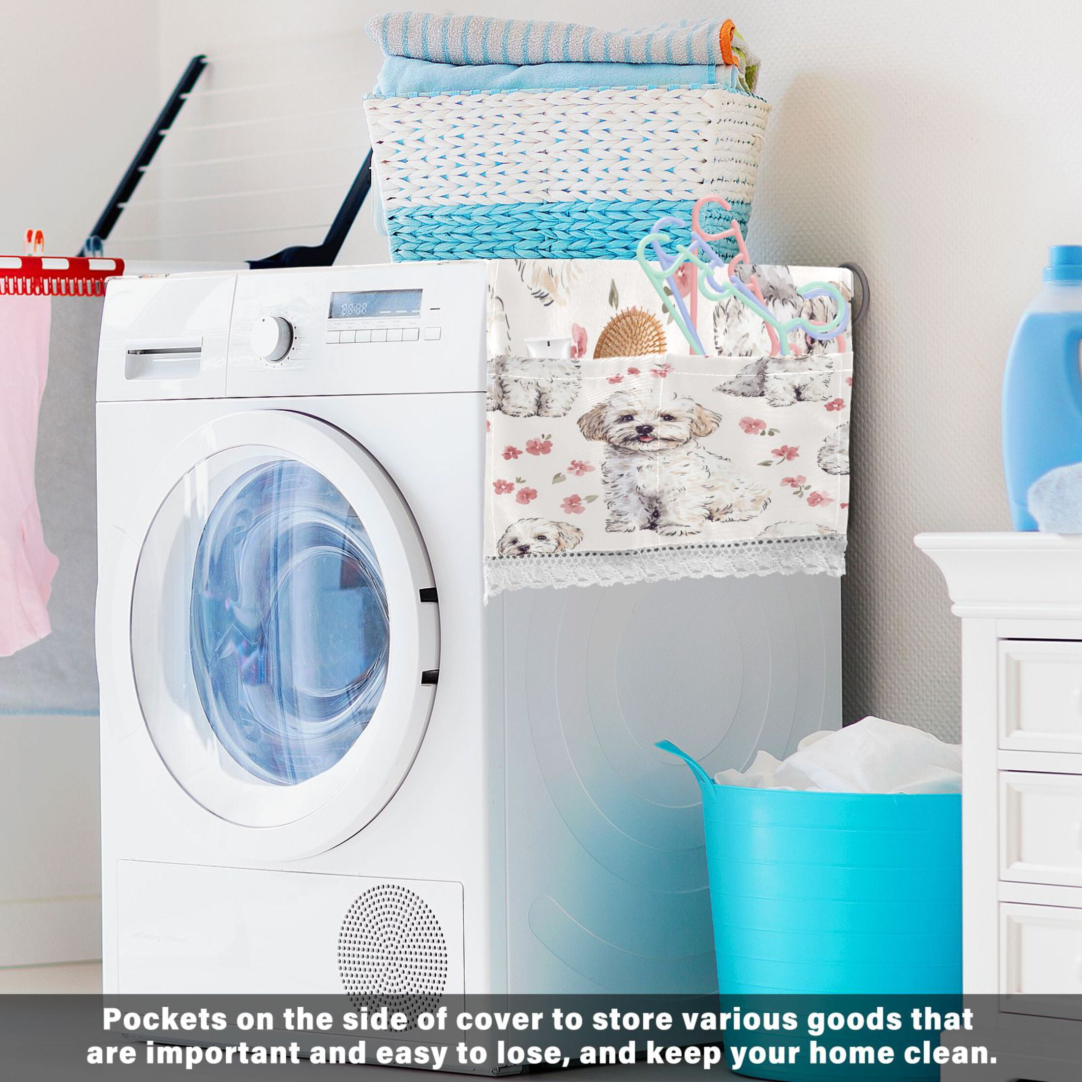 Lovely DogWasher and Dryer Covers Dust-Proof and Oil Resistant Fridge Cover with 4 Storage Pockets Washing Machine Top Cover for Laundry Kitchen Home 51.2 x 22 In