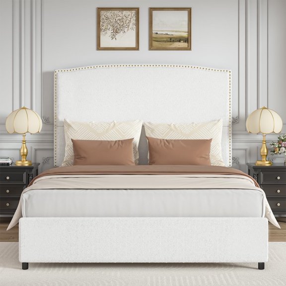 4 EVER WINNER Full Bed Frame with 56" Tall Headboard, White Full Bed Frame with Nailhead Trim Headboard, Full Size Upholstered Platform Bed, White