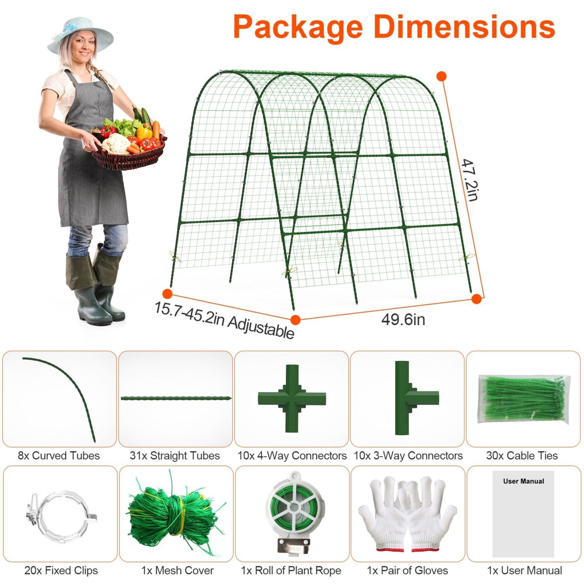 Large U-Shaped Garden Arch Trellis for Climbing Plants - Adjustable 15-45" Width, Metal Cucumber Trellis with Netting