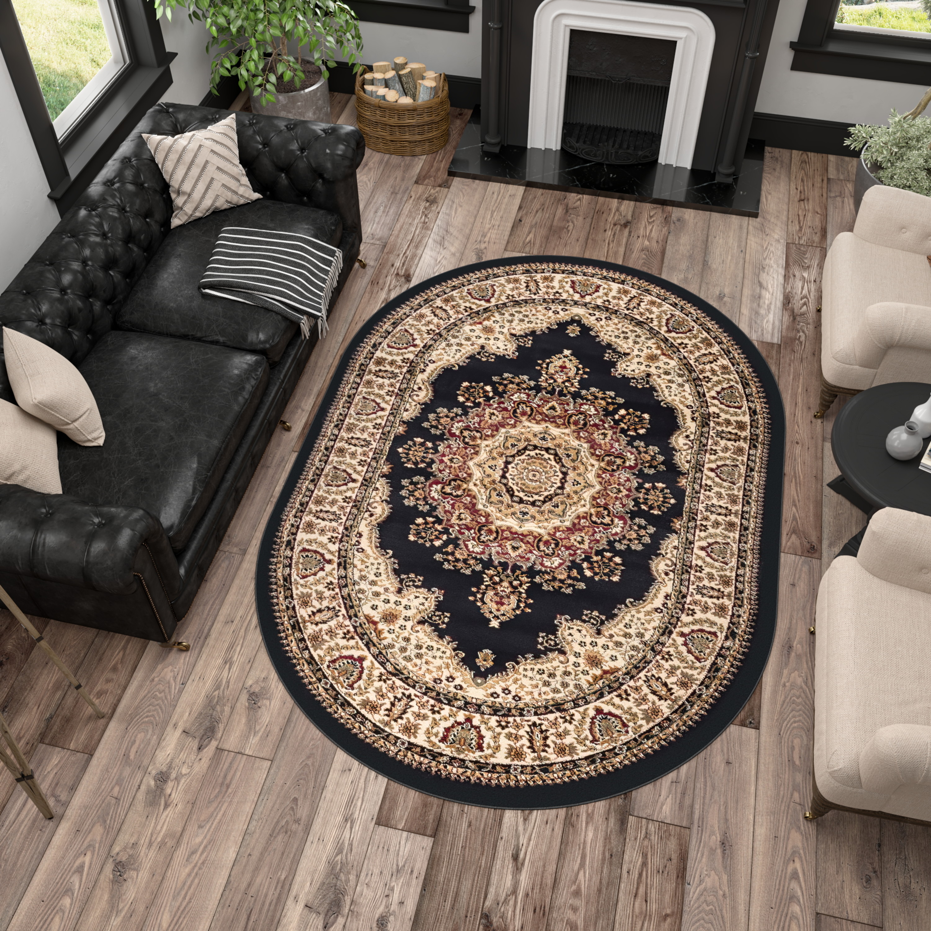 Sensation Transitional 5' x 7' Oval Black and Beige Polypropylene Indoor Area Rug