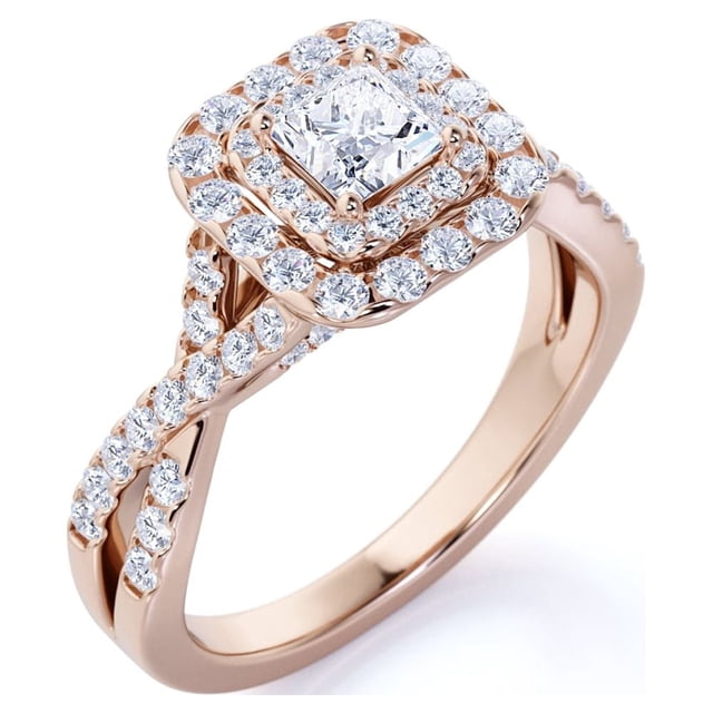 JeenMata Anillo de Compromiso de Moissanita de Corte Princesa de 1 Quilate - Conjunto Nupcial - Anillo de Doble Halo - Anillo de Racimo - Oro Rosa de 18 K sobre Plata