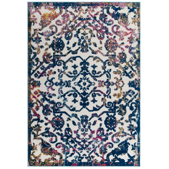 Modern Contemporary Urban Living Lounge Room, Indoor and Outdoor Area Rug Runner Floor Carpet, Distressed Vintage Style, Fabric, Multi Blue