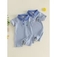 thumbnail image 3 of BemeyourBBs Newborn Baby Boy Fishing Outfit Infant Baby Boy Summer Clothes Waffled Stripe Romper One Piece Stripe Embroidery Buttons Turn Down Collar Short Sleeve Bodysuit Jumpsuit, 3 of 9