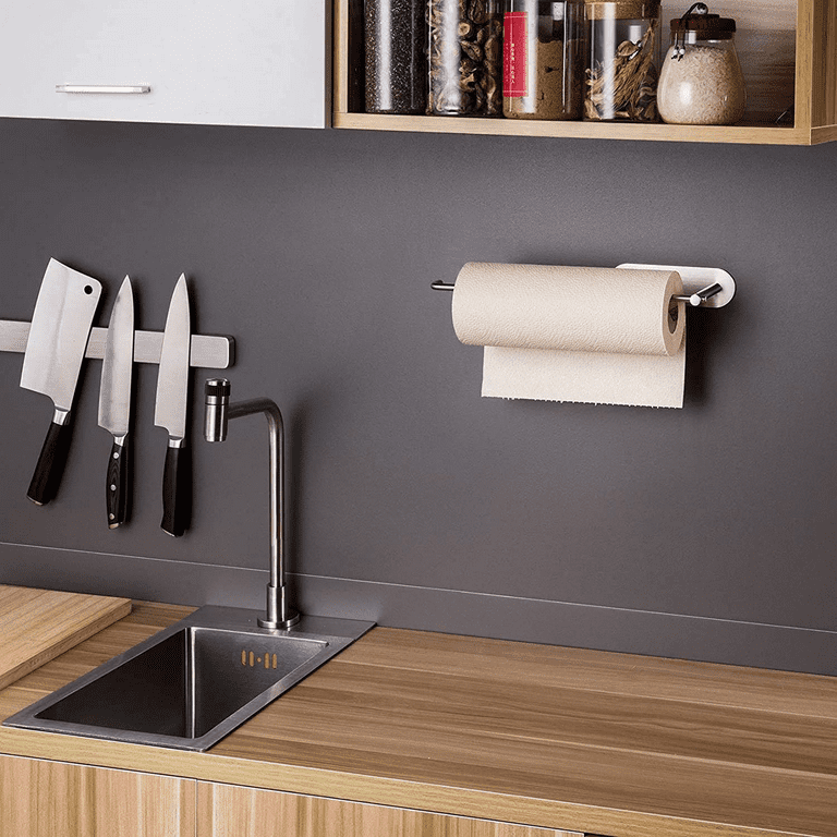Paper Towel Holder Under Cabinet,1PCS Under Cabinet Black Paper Towel  Rack,Both Available in Adhesive and Screws,SUS304 Stainless Steel  Self-Adhesive