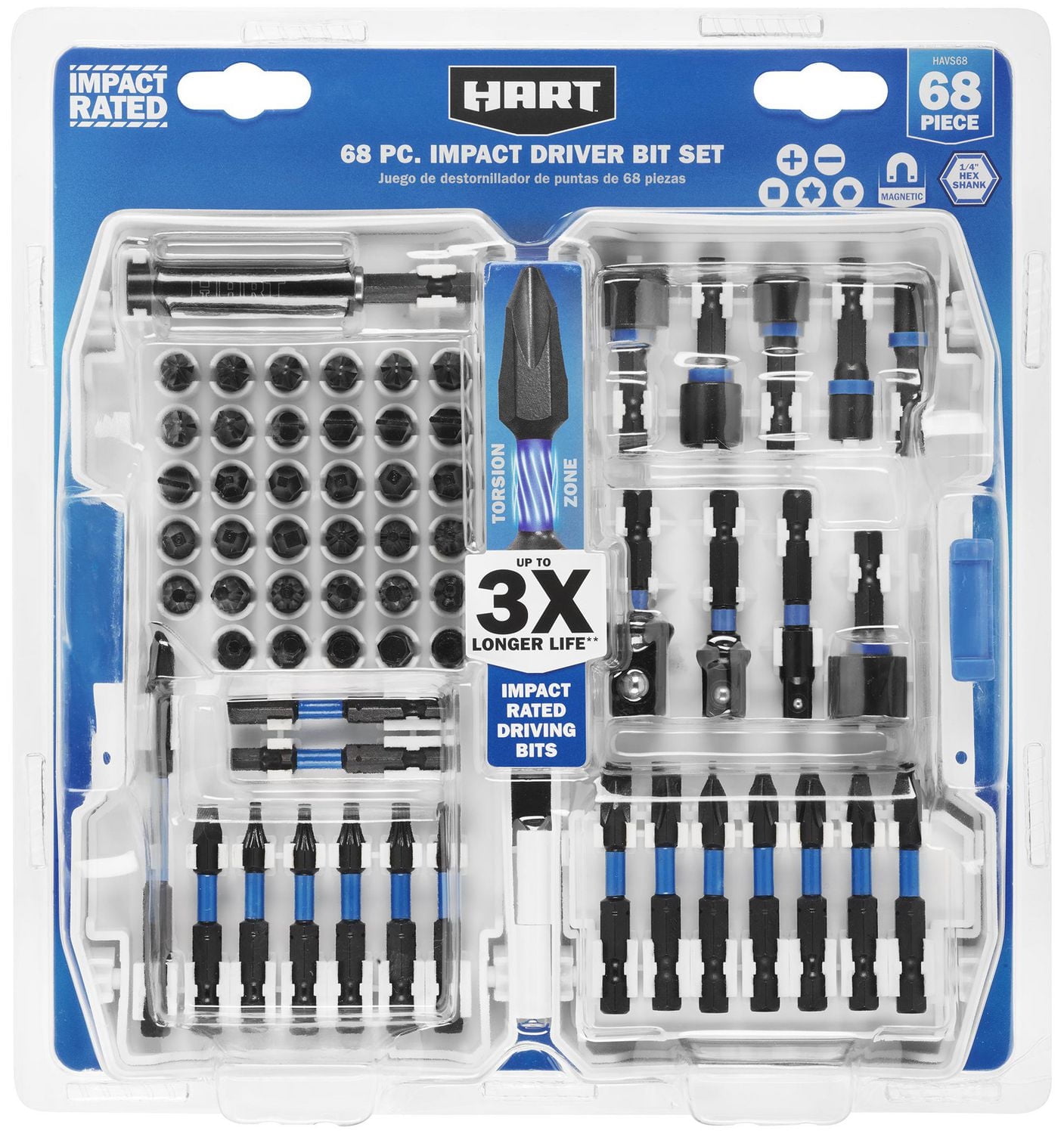 HART 68-Piece Impact Driver Bit Set with Storage Case, Torsion Zone, Precision milled tip