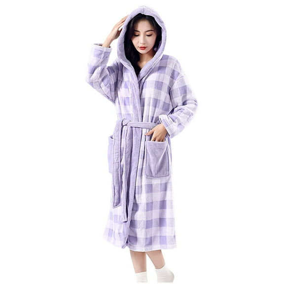 Levmjia Womens Robe Pockets Soft Plush Coral Velvet Solid Color Belt Quick Dry Water Absorbing Plaid Printing Long Sleeve Bandage Bathrobe Spa Loungewear Maternity Gift