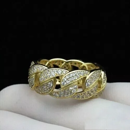 2.78 Ct Round CZ Diamond Cuban Link Band Ring, 14K Gold Plated Sterling Silver