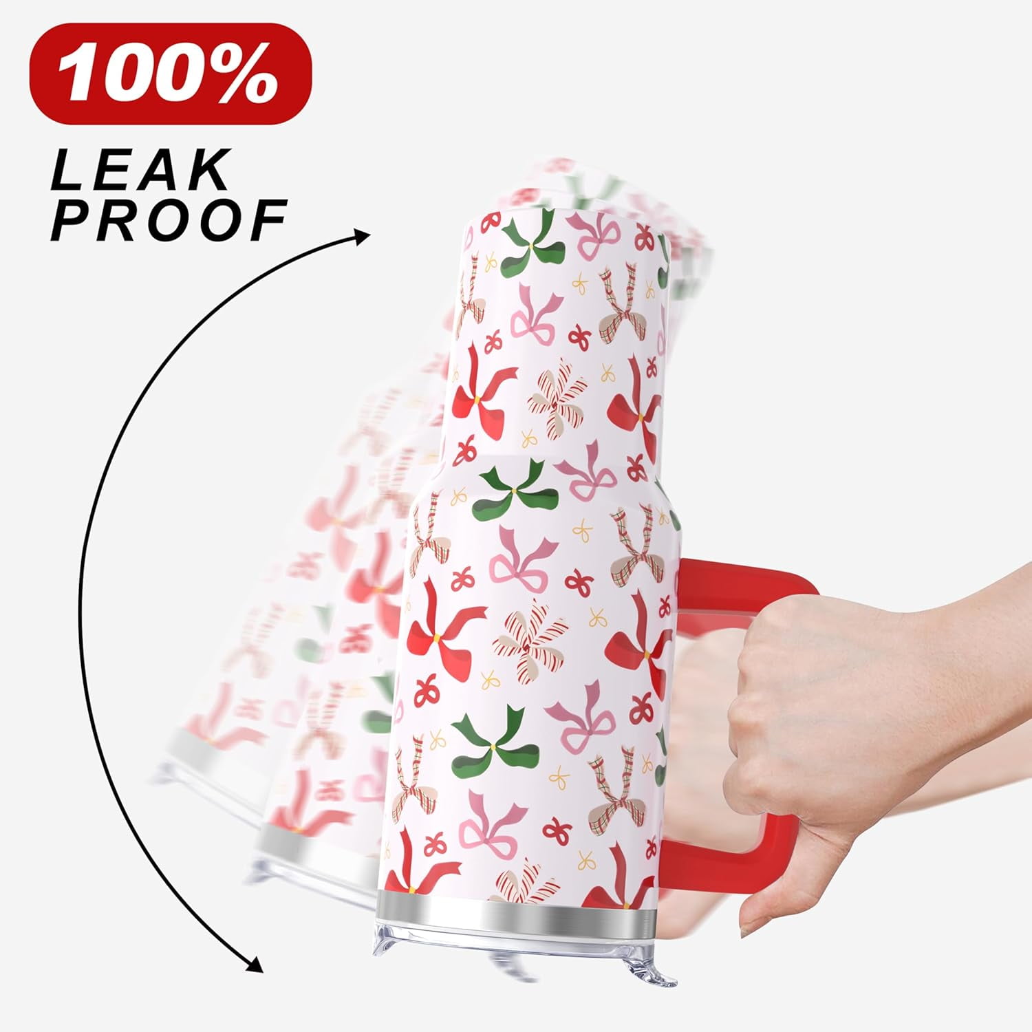 Christmas Tumbler, Cute Xmas Bow Tumbler with Handle and Straw, 40 oz Stainless Steel Insulated Water Bottle Christmas Birthday Winter Gifts for Women