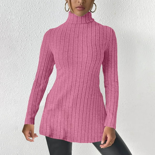 Chandail à Col Roulé à la Mode pour Femmes, Taille Fine, Fente Inférieure, Manches Longues, Haut à Col Roulé