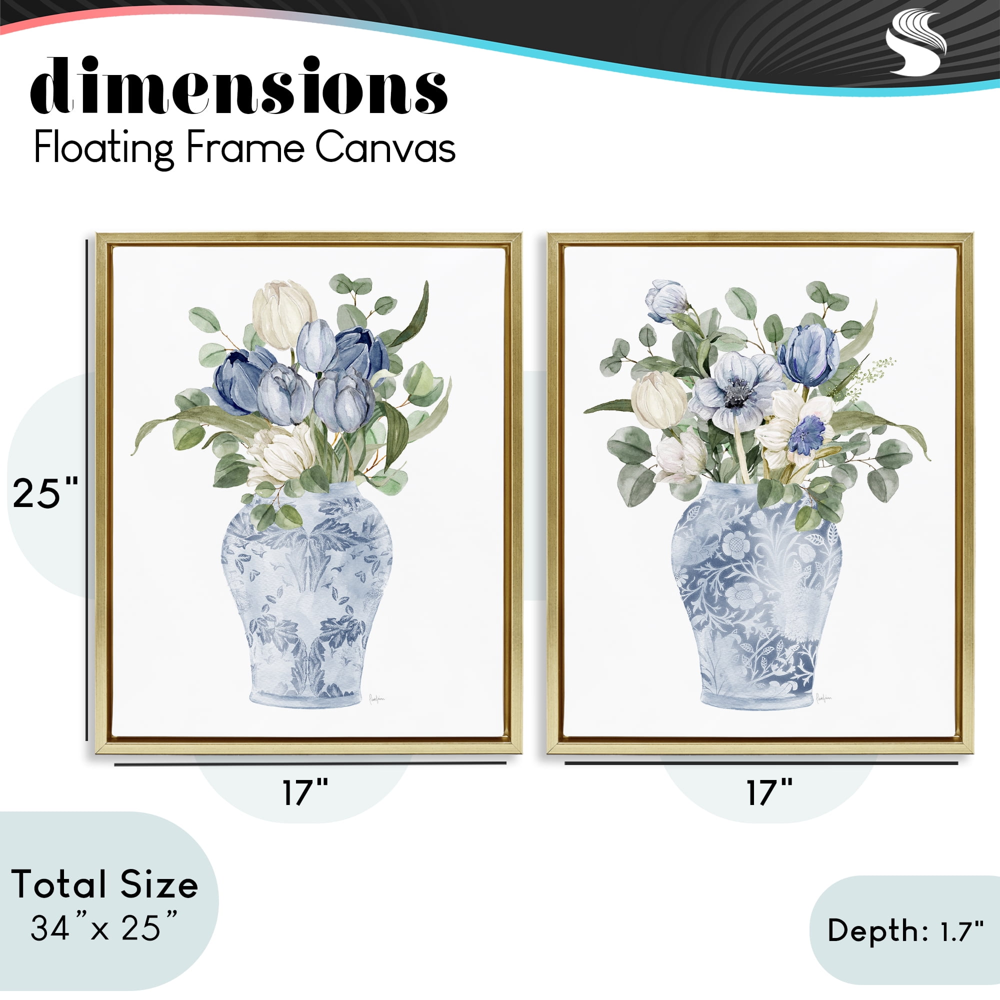 Stupell Industries Ornate Vase Tulip Collection 2 Piece Gold Framed Floater Canvas Set, design by Livi Finn