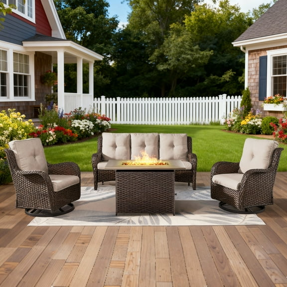 4 Piece Patio Furniture Set with 41" Fire Pit Table, Outdoor All Weather Wicker Rattan Furniture with Swivel Rocking Chairs and 3-Seat Sofa for Backyard Balcony Deck, Beige/Brown