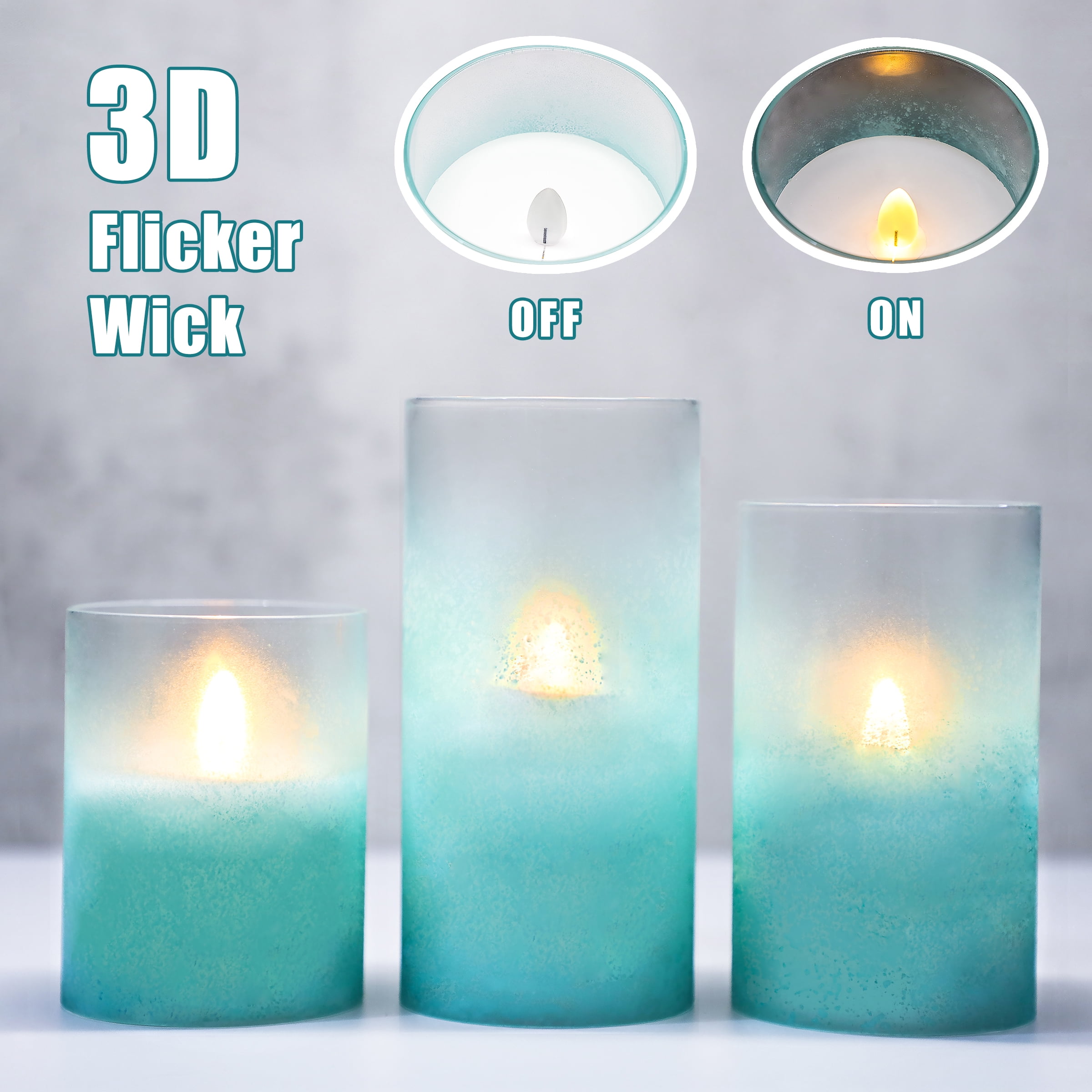 Meltone Glass LED Flameless Candles with Remote, Teal Pillar Candles Battery Operated, 3''x4''/5''/6'', Set of 3
