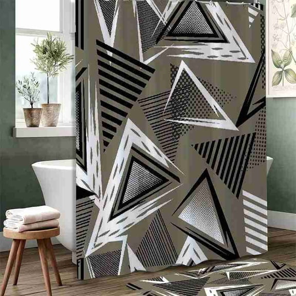 70x70 inch Taupe and Black Modern Geometric Triangle Shower Curtain, Waterproof Polyester Fabric with Hooks for Bathroom Decor